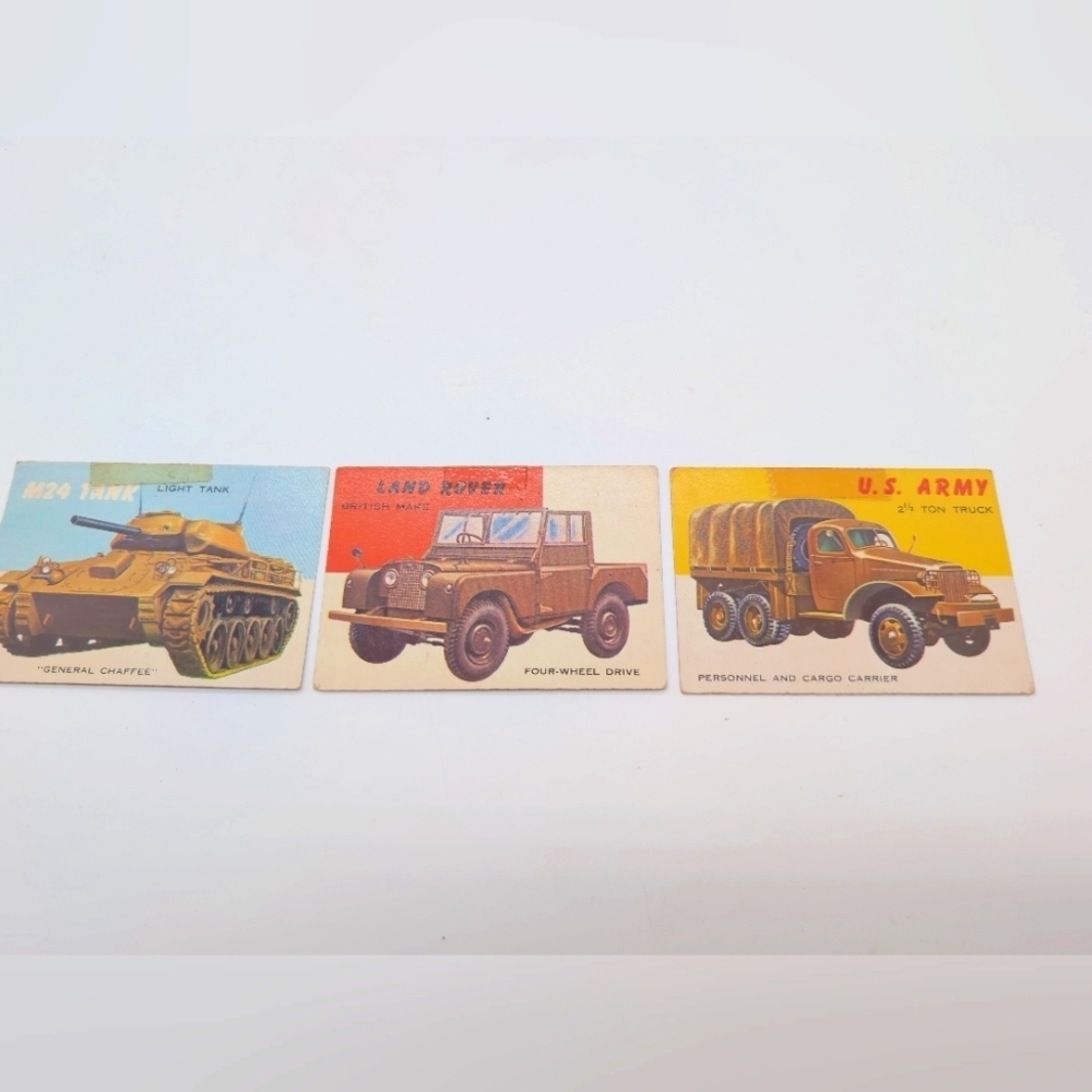 1954 Topps Car Card Set 3 Military Vehicles Land Rover, 2-1/2 Ton M 24 Tank